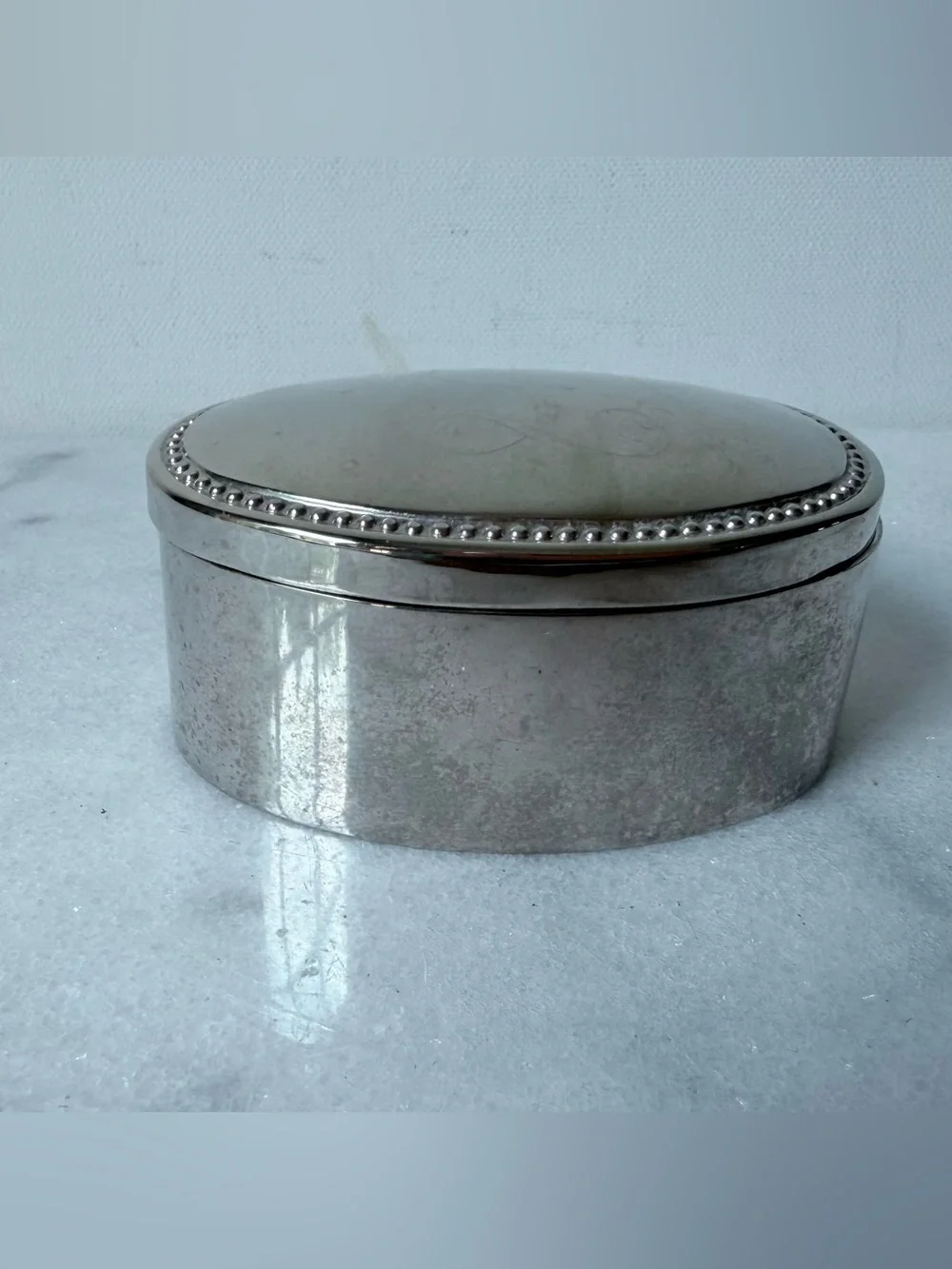 Vintage Oval Silver-tone Trinket Jewelry Box monogrammed